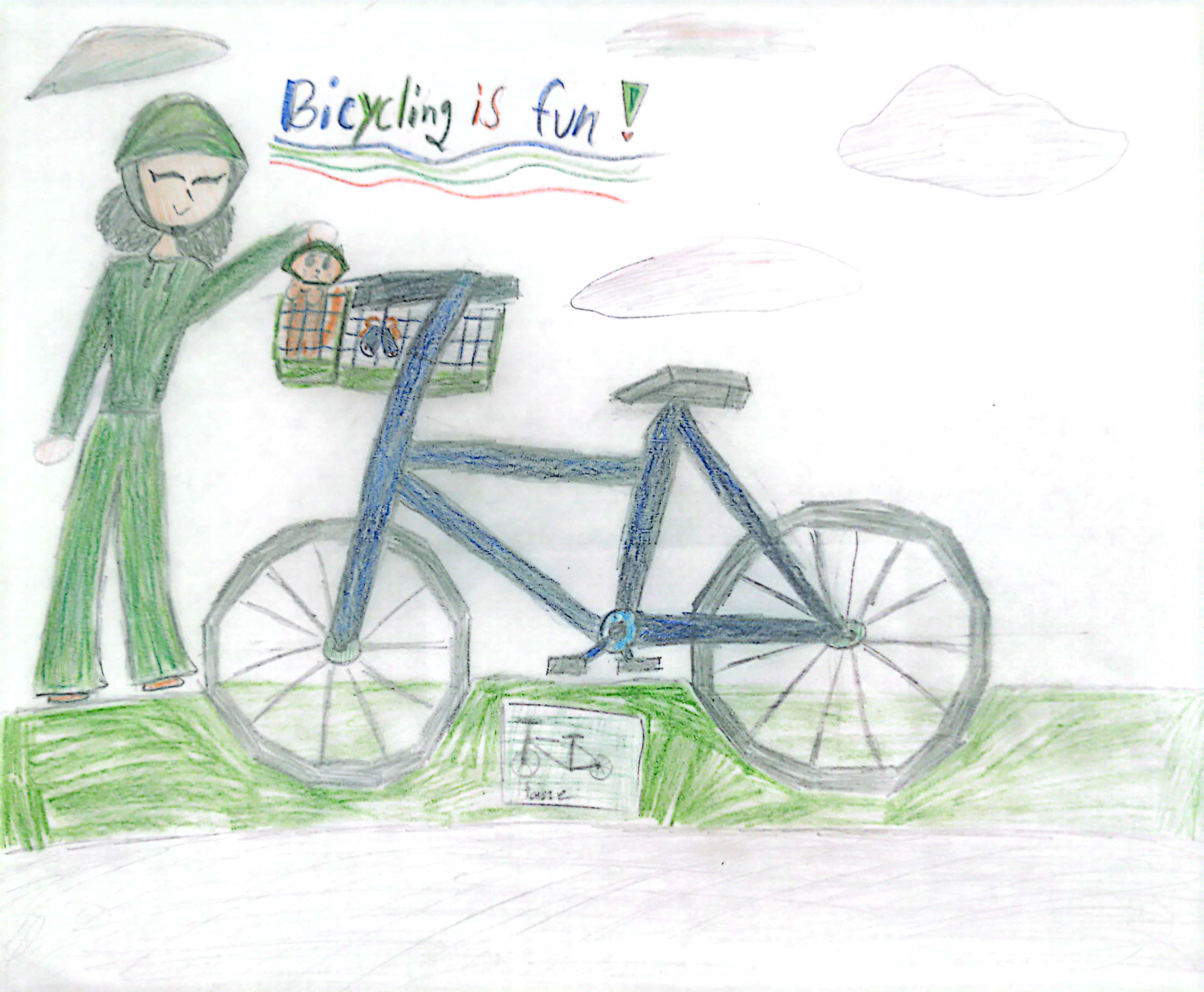 Student artwork showing a girl in green helmet and outfit standing next to her blue bike on the path. There are clouds in the sky and she is petting the kitten wearing a helmet and sitting in the bike basket.